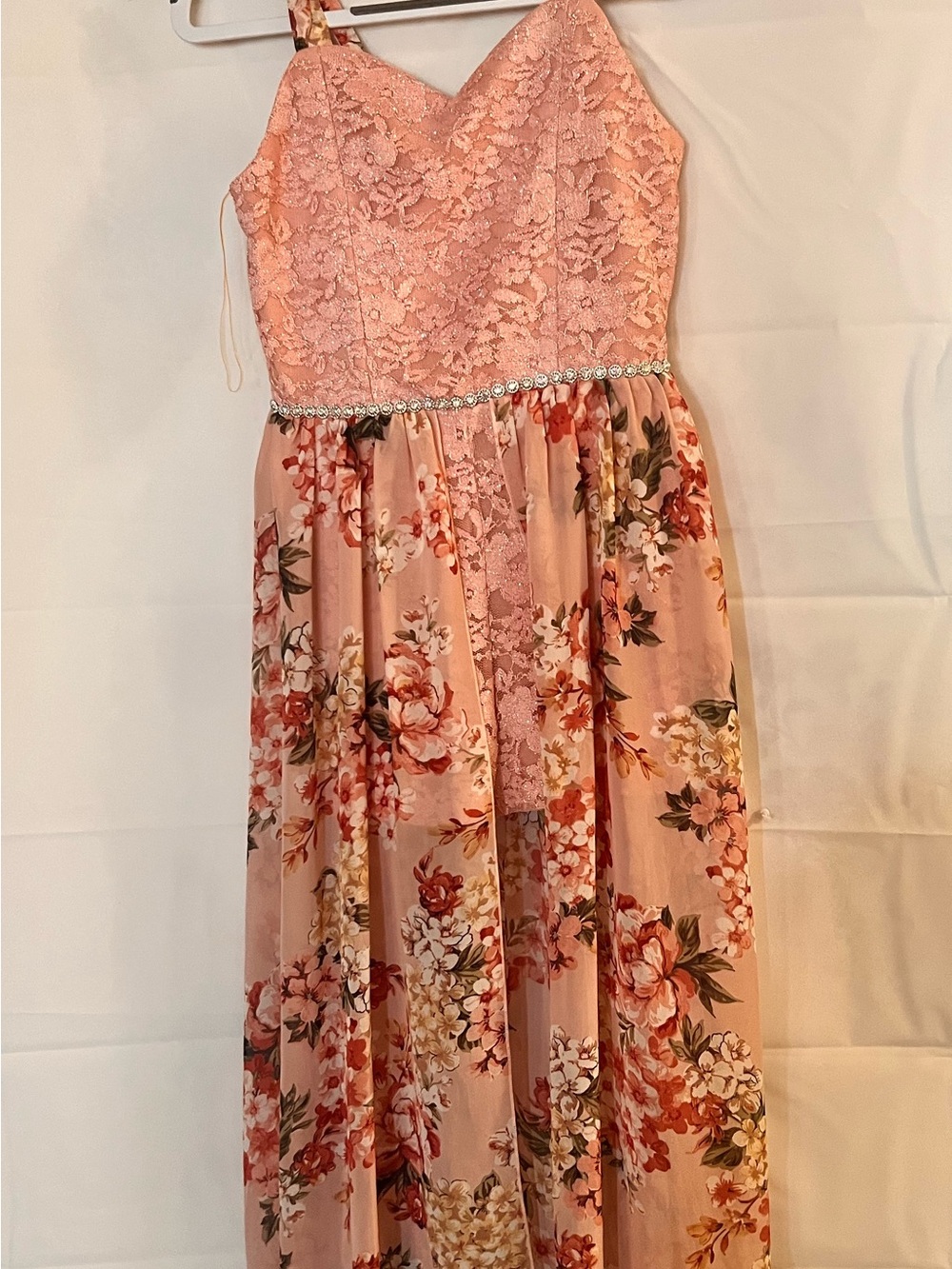 Speechless Girl Pink Floral Lace Bodice Maxi Dress with Beaded Waistband